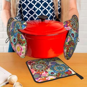 Boho Floral Oven Mitts and Pot Holders Sets, Heat Resistant Colorful Kitchen Gloves Hot Pads, Cute Baker Stuff, Chef Cooking Baking Gifts for Women Bakers, Kitchen Gifts for Cooking Lover Cooks Mom