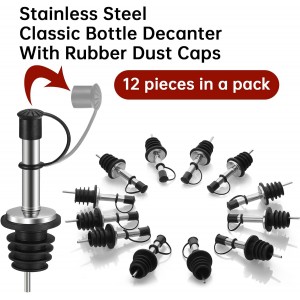12Pcs Liquor Pour Spouts,Stainless Steel Wine Bottle Pourers with Caps Speed Wine Bottle Pourers With Stoppers Speed Bottle Pourer for Liquor Bottle,Oil Bottles （Built-in air hole） (12PC)