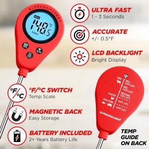 Alpha Grillers Instant Food Thermometer for Meat and Cooking Sourdough Bread Baking Supplies Grilling Gifts for Men Women Gifts for Mom Seniors, Long Probe Large Backlit Display