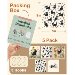 Swedish Dishcloths for Kitchen with Hooks - Reusable Dish Cloths for Washing Dishes Fast Drying Cute Fun 5 Pack Swedish Dish Towels Washable Cleaning Sponge, Black Cats
