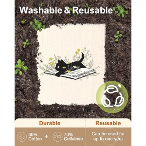 Swedish Dishcloths for Kitchen with Hooks - Reusable Dish Cloths for Washing Dishes Fast Drying Cute Fun 5 Pack Swedish Dish Towels Washable Cleaning Sponge, Black Cats