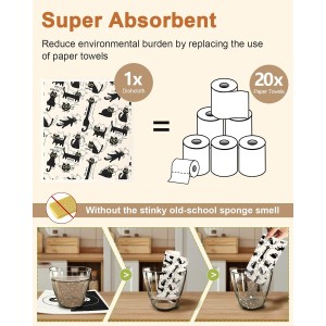 Swedish Dishcloths for Kitchen with Hooks - Reusable Dish Cloths for Washing Dishes Fast Drying Cute Fun 5 Pack Swedish Dish Towels Washable Cleaning Sponge, Black Cats