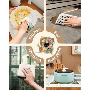 Swedish Dishcloths for Kitchen with Hooks - Reusable Dish Cloths for Washing Dishes Fast Drying Cute Fun 5 Pack Swedish Dish Towels Washable Cleaning Sponge, Black Cats