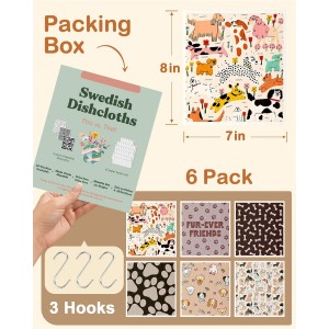 Kitchen Swedish Dishcloths with Hooks - 6 Pack Reusable Dish Cloths for Washing Dishes Fast Drying Cute Fun Swedish Dish Towels Washable Cleaning Sponge, Furry Dog