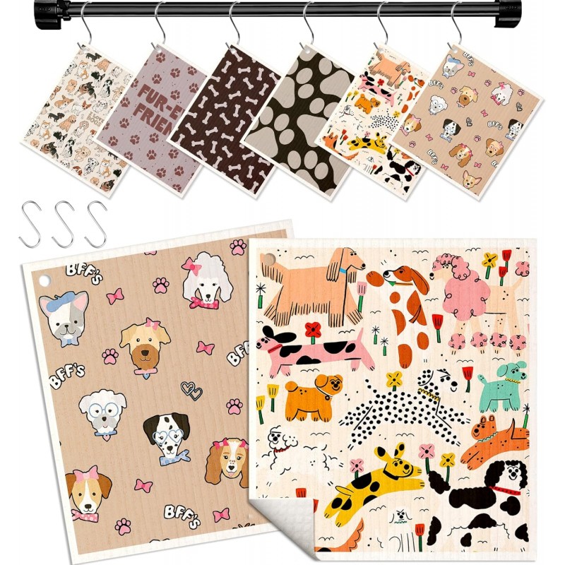Kitchen Swedish Dishcloths with Hooks - 6 Pack Reusable Dish Cloths for Washing Dishes Fast Drying Cute Fun Swedish Dish Towels Washable Cleaning Sponge, Furry Dog