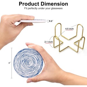 Absorbent Coasters Set of 6 Round Ceramic Coasters for Drinks Modern Blue Boho Coaster with Holder for Coffee Table Decor, Outdoor, Desk