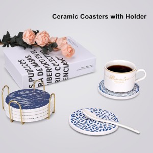 Absorbent Coasters Set of 6 Round Ceramic Coasters for Drinks Modern Blue Boho Coaster with Holder for Coffee Table Decor, Outdoor, Desk