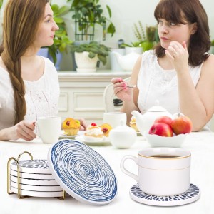 Absorbent Coasters Set of 6 Round Ceramic Coasters for Drinks Modern Blue Boho Coaster with Holder for Coffee Table Decor, Outdoor, Desk