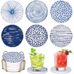 Absorbent Coasters Set of 6 Round Ceramic Coasters for Drinks Modern Blue Boho Coaster with Holder for Coffee Table Decor, Outdoor, Desk