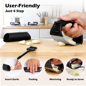 Garlic Press Rocker Set，Stainless Steel Garlic Mincer Tool with Garlic Peeler and Cleaning Brush Kitchen Gadgets Essentials Garlic Chopper