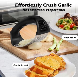 Garlic Press Rocker Set，Stainless Steel Garlic Mincer Tool with Garlic Peeler and Cleaning Brush Kitchen Gadgets Essentials Garlic Chopper