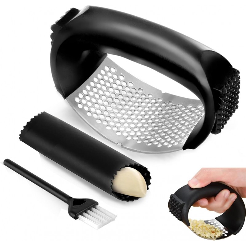 Garlic Press Rocker Set，Stainless Steel Garlic Mincer Tool with Garlic Peeler and Cleaning Brush Kitchen Gadgets Essentials Garlic Chopper