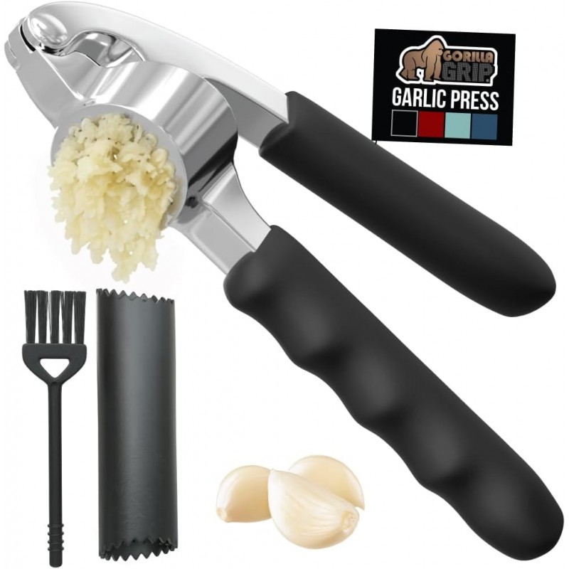 GORILLA GRIP Garlic Press and Peel Set, Heavy Duty Mincer Tool, Large Ergonomic Handle, Easily Mince and Crush Garlics, Ginger, Nuts, Seeds, Peeler Included, Peeling Cloves, Kitchen Gadgets, Black