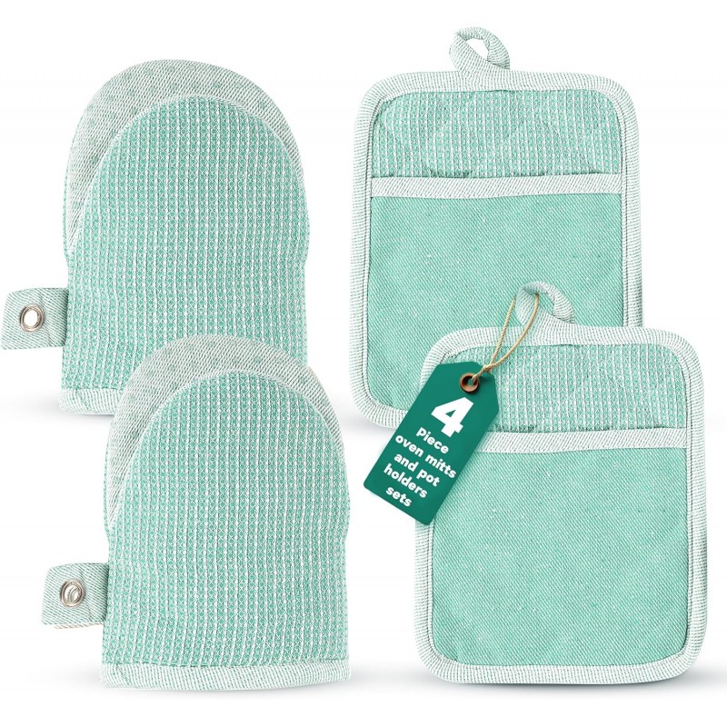 Casa Platino Heat Resistant Oven Mitts & Pot Holders, 4-Piece – Oven Mitt for Baking & BBQ, Potholders for Kitchens – Withstands Heat Up to 500°F, Soft, Durable & Non-Slip – Sage