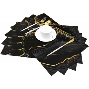 Black Gold Marble Texture Placemats Set of 4, Black Table Mats, Heat Resistant Washable Linen Place Mats for Kitchen Dining Table Farmhouse 12