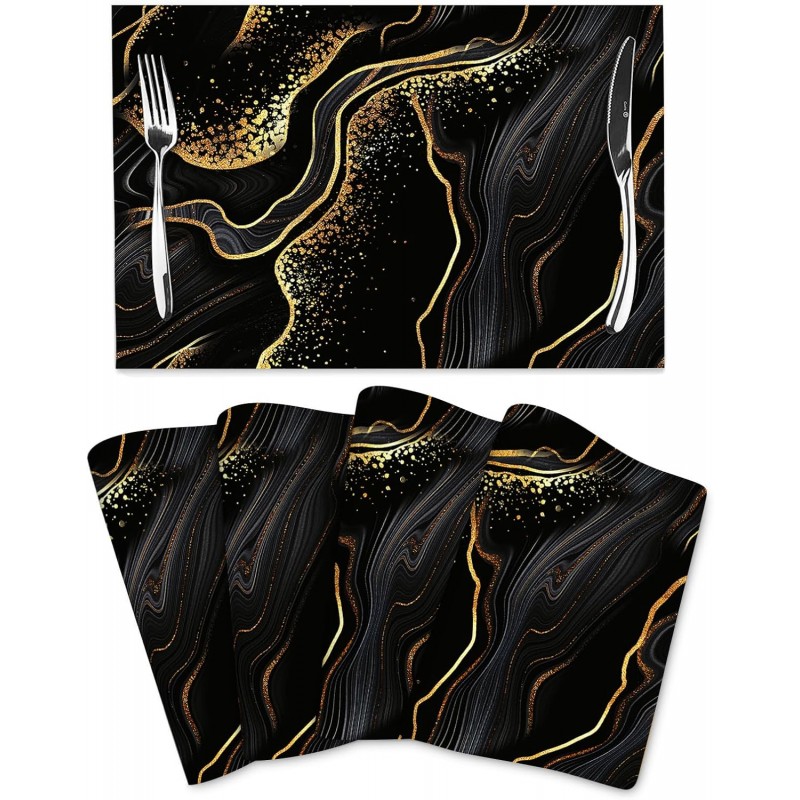 Black Gold Marble Texture Placemats Set of 4, Black Table Mats, Heat Resistant Washable Linen Place Mats for Kitchen Dining Table Farmhouse 12