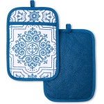 MARTHA STEWART Strie Medallion Pot Holder 2-Pack Set, Heat Resistant, Non-Slip Silicone Grip, Navy Blue, 7