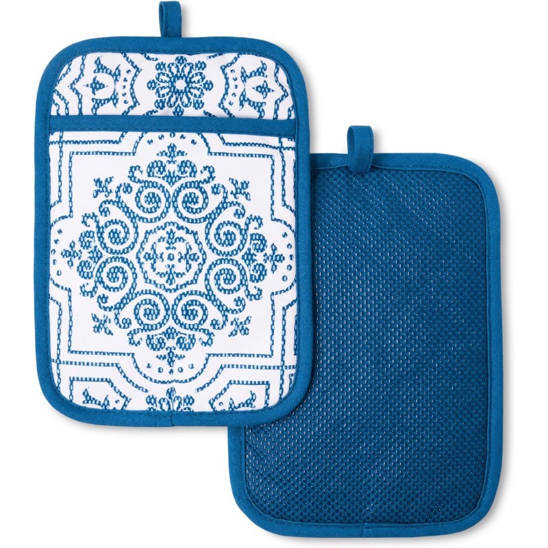 MARTHA STEWART Strie Medallion Pot Holder 2-Pack Set, Heat Resistant, Non-Slip Silicone Grip, Navy Blue, 7