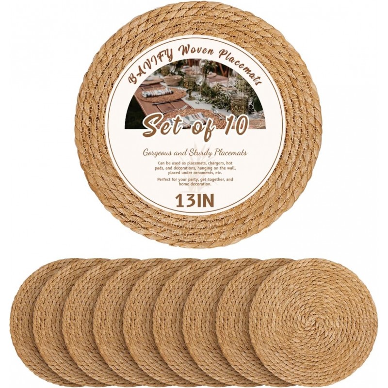 13 in Round Woven Placemats Plate Chargers Set of 10, Boho Farmhouse Rustic Woven Place Mats for Dining Table Decor, Rattan Wicker Table Mats Jute Braided Chargers for Dinner Plates