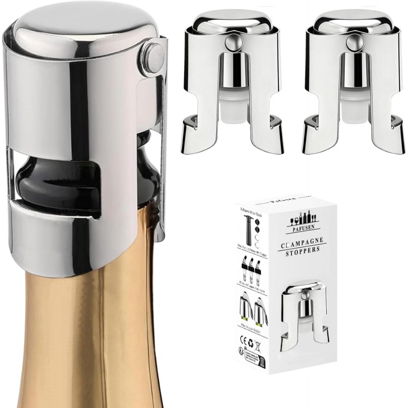 Champagne Stoppers for Bottles, Pafusen 2 Pack Champagne Sealer Stopper, Stainless Steel Champagne Cork Stopper Toppers, Saver for Champagne Cava Prosecco Sparkling Wine