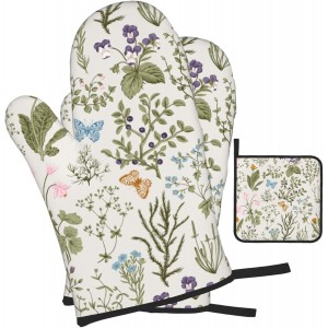 Vintage Floral Oven Mitts and Pot Holders Sets of 3 Cute Botanic Hot Pads Herbs and Wild Flowers Oven Gloves Heat Resistant Washable for Kitchen Cooking Grilling Baking