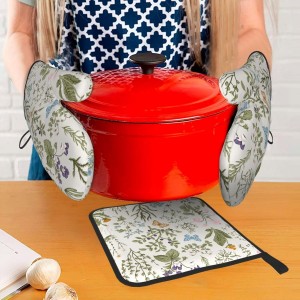 Vintage Floral Oven Mitts and Pot Holders Sets of 3 Cute Botanic Hot Pads Herbs and Wild Flowers Oven Gloves Heat Resistant Washable for Kitchen Cooking Grilling Baking