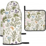 Vintage Floral Oven Mitts and Pot Holders Sets of 3 Cute Botanic Hot Pads Herbs and Wild Flowers Oven Gloves Heat Resistant Washable for Kitchen Cooking Grilling Baking