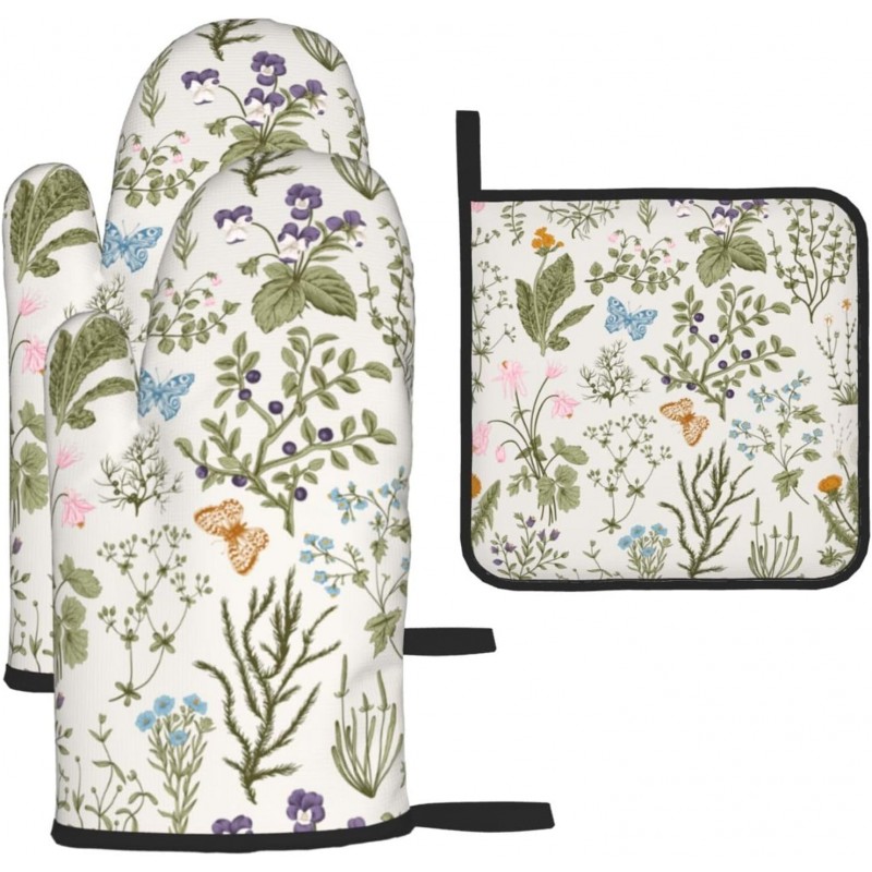 Vintage Floral Oven Mitts and Pot Holders Sets of 3 Cute Botanic Hot Pads Herbs and Wild Flowers Oven Gloves Heat Resistant Washable for Kitchen Cooking Grilling Baking