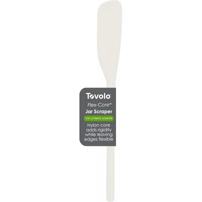 Tovolo Silicone Jar Spatula Long Handled Rubber Scraping Scooping Tool for Peanut Butter Jam Jelly Jars Blenders, Extra Long Flex Core Silicone Jar Scraper Dishwasher Safe BPA Free, White