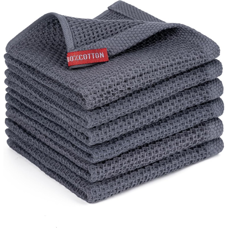 BOOMIBOO ﻿Kitchen Towels 6-Pack Kitchen Dish Cloths,100% Cotton Towels Waffle Weave, Ultra Soft Absorbent, Quick Drying, 12x12 Inches,Dark Grey