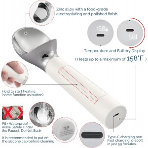 Heated Ice Cream Scoop Rechargeable, Electric Warming Ice Cream Scooper with LED Display, Heats to 158°F for Hard Ice Cream, Easy for Seniors & Kids, IP67 Waterproof (White, 2 oz)