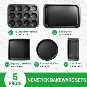 5 Pieces Baking Pans Set, Nonstick Baking Sheet Tray Oven Pans Bakeware Set, Baking Supplies with Round/Square Cake Pan, Muffin Pan, Loaf Pan, Roast Pan, Stackable Baking Sets for Cooking