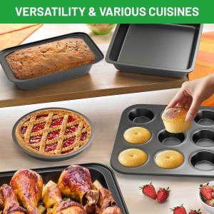 5 Pieces Baking Pans Set, Nonstick Baking Sheet Tray Oven Pans Bakeware Set, Baking Supplies with Round/Square Cake Pan, Muffin Pan, Loaf Pan, Roast Pan, Stackable Baking Sets for Cooking