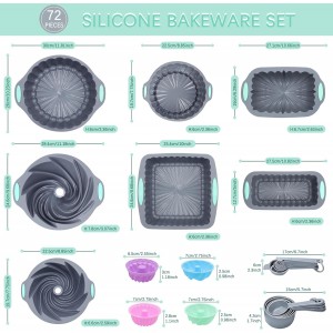 Tongjude 72 Pieces Silicone Bakeware Set, Nonstick Baking Pans Set, Easy Release Oven Silicone Pan for Kitchen with Cake Pans, Loaf Pans, Baking Cups, Measuring Cups and Spoons Set, Grey