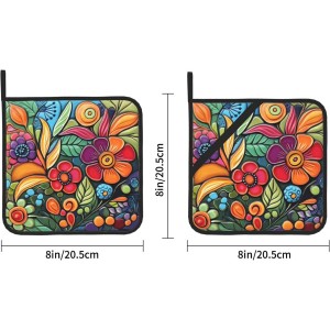 Colorful Boho Florals Pot Holders Set of 2 Kitchen Decorative Heat Resistant Potholder Cotton Lining Oven Hot Pads for Cooking Baking Microwave Oven End Dishes BBQ Holiday Decors