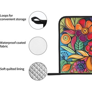Colorful Boho Florals Pot Holders Set of 2 Kitchen Decorative Heat Resistant Potholder Cotton Lining Oven Hot Pads for Cooking Baking Microwave Oven End Dishes BBQ Holiday Decors
