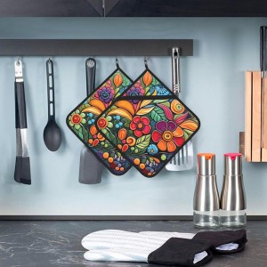 Colorful Boho Florals Pot Holders Set of 2 Kitchen Decorative Heat Resistant Potholder Cotton Lining Oven Hot Pads for Cooking Baking Microwave Oven End Dishes BBQ Holiday Decors