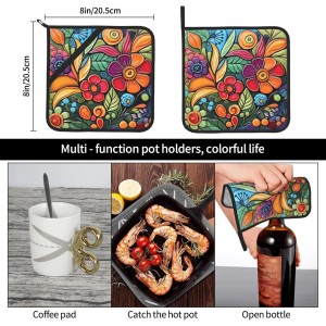 Colorful Boho Florals Pot Holders Set of 2 Kitchen Decorative Heat Resistant Potholder Cotton Lining Oven Hot Pads for Cooking Baking Microwave Oven End Dishes BBQ Holiday Decors
