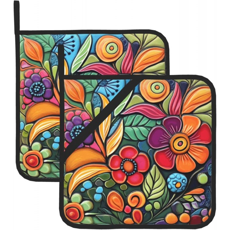 Colorful Boho Florals Pot Holders Set of 2 Kitchen Decorative Heat Resistant Potholder Cotton Lining Oven Hot Pads for Cooking Baking Microwave Oven End Dishes BBQ Holiday Decors