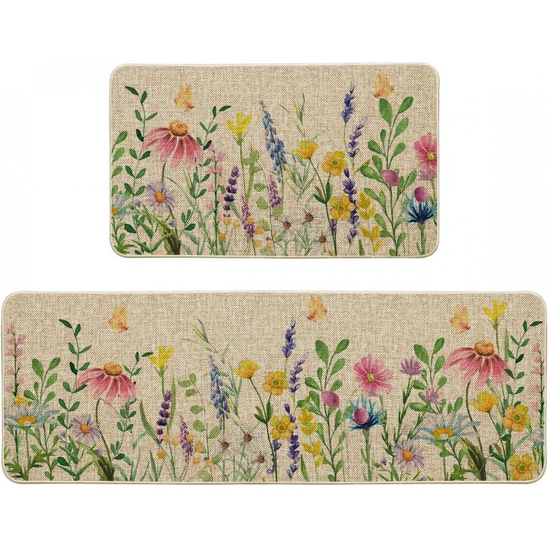 Artoid Mode Flowers Lavender Daisy Spring Kitchen Mats Set of 2, Summer Home Decor Low-Profile Kitchen Rugs for Floor - 17x29 and 17x47 Inch