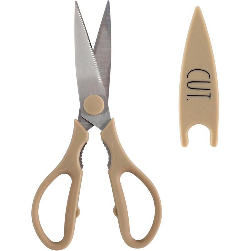 Rae Dunn Kitchen Scissors- Stainless Steel Kitchen Shears, Cooking Scissors for Cutting Meat, Chicken, Herbs and Produce with Blade Cover and Soft Grip Handles (Brown)