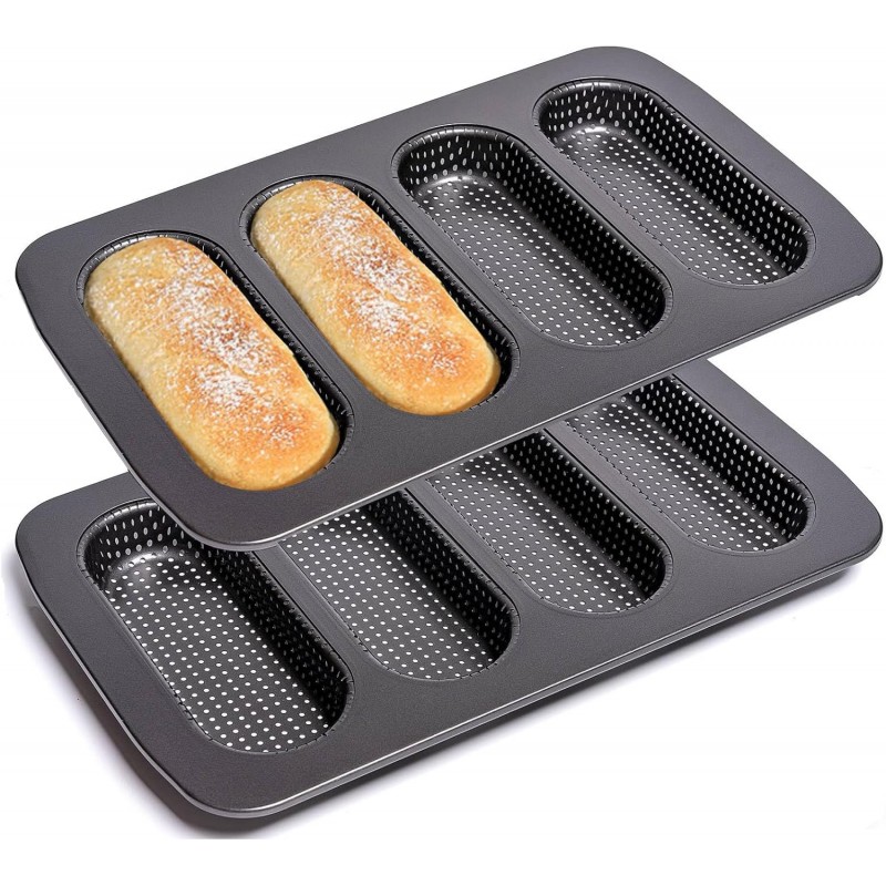 Carbon Steel Hot Dogs Buns Mold - Set of 2 Baguette Pan Nonstick French Bread Loaf Pan 4 Trays Baking Mold for Hot Dogs, Buns