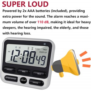 Digital Dual Kitchen Timer with Strong Magnet,24-Hour Countdown & Stopwatch,Loud Alarm,12/24 Hour Clock Switch,Calendar,Visual Indicator Light,Mute Option,3 Placement Options (Batteries Included)