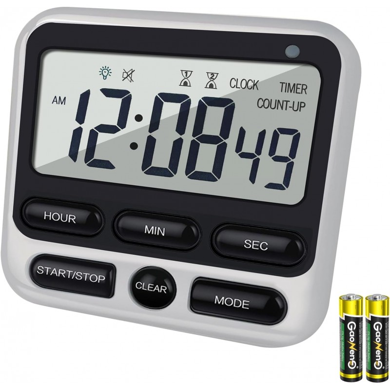 Digital Dual Kitchen Timer with Strong Magnet,24-Hour Countdown & Stopwatch,Loud Alarm,12/24 Hour Clock Switch,Calendar,Visual Indicator Light,Mute Option,3 Placement Options (Batteries Included)