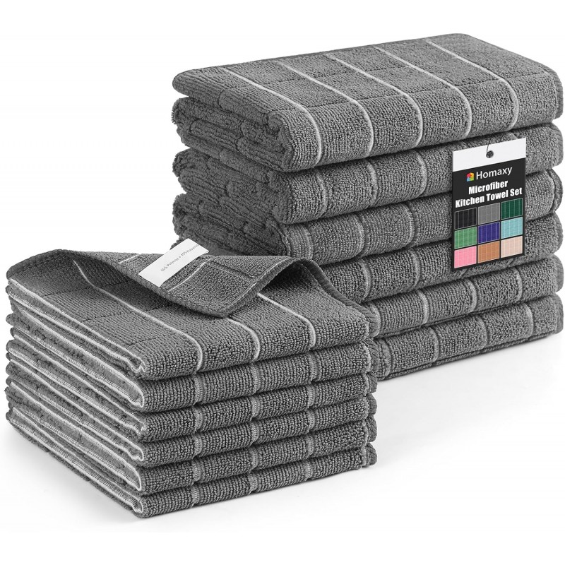 Homaxy Microfiber Kitchen Towels and Dishcloths Set, 12 Pack Soft and Absorbent Dish Hand Towels Bulk, 28 x 16 Inch & 12 x 12 Inch Quick Drying Rags for Washing Dishes, Grey