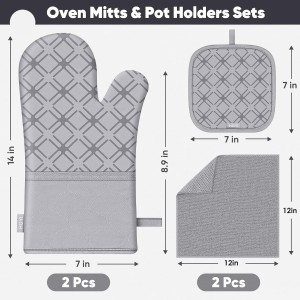 Oven Mitts and Pot Holders Set with Dishcloths, 500 Degree Heat Resistant Oven Gloves and Hot Pads, Premium Soft Cotton Kitchen Mittens and Dish Cloth Sets-Grey