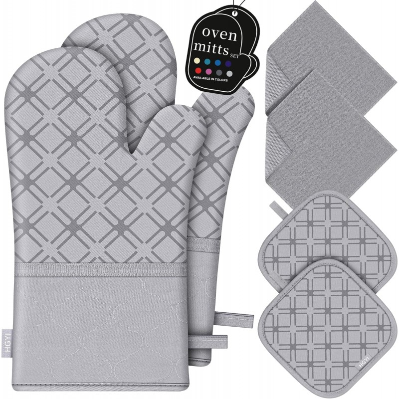Oven Mitts and Pot Holders Set with Dishcloths, 500 Degree Heat Resistant Oven Gloves and Hot Pads, Premium Soft Cotton Kitchen Mittens and Dish Cloth Sets-Grey
