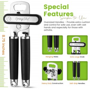 Spring Chef Stainless Steel Can Opener - Manual with Soft Grip Handles, Easy Turn, Heavy Duty Hand Can Openers for Seniors with Smooth Edge - Magnetic Lid Remover - Black