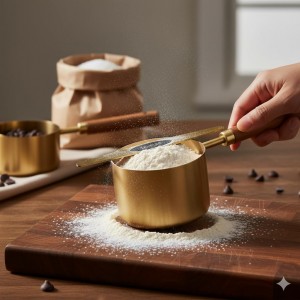 NAZANIN Gold Measuring Cups and Spoons Set with Leveler - 9 Piece Luxury Acacia Wood & Stainless Steel - Aesthetic Kitchen Decor - Professional Baking Tools - Wedding & Housewarming Gift