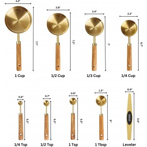 NAZANIN Gold Measuring Cups and Spoons Set with Leveler - 9 Piece Luxury Acacia Wood & Stainless Steel - Aesthetic Kitchen Decor - Professional Baking Tools - Wedding & Housewarming Gift